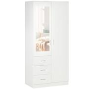 HOMCOM Armario Ropero 2 Puertas con Espejo 3 Cajones 80x50x180 cm Blanco | Estantes Ajustables, Barra para Colgar Incluida, Mueble Auxiliar, Dormitorio, Habitación