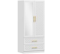 HOMCOM Armario Ropero con Espejo 2 Puertas y 2 Cajones Relieve de Diamante Barra para Colgar 80x50x180 cm Blanco