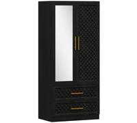 HOMCOM Armario Ropero con Espejo 2 Puertas y 2 Cajones Relieve de Diamante Barra para Colgar 80x50x180 cm Negro