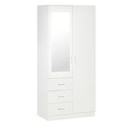 HOMCOM Armario Ropero de 2 Puertas con Espejo 3 Cajones Estantes Ajustables y Barra para Colgar Incluida Mueble Auxiliar para Dormitorio Habitación 80x50x180 cm Blanco