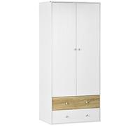 HOMCOM Armario Ropero de Madera, Armario para Ropa con 2 Cajones, 2 Puertas y 1 Barra para Colgar, Estilo Moderno, para Dormitorio, 80x50x180 cm, Blanco y Roble