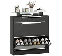 HOMCOM Armario zapatero con cajón deslizante, 2 puertas abatibles, parte superior de vidrio templado y estantes ajustables para 16 pares de zapatos, color negro