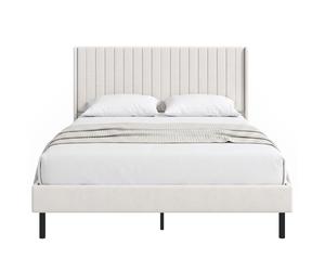 HOMCOM Armazón de cama 140 x 200 cm con cabecero ajustable, cama tapizada con 12 lamas, beige