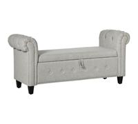 HOMCOM Banco de Almacenamiento con Tapa 150 kg 146,5x49x74,5 cm Gris Claro | Taburete de Almacenaje, Tapa de Bisagras, Patas de Madera, Reposabrazos Enrollados, Dormitorio Salón Pasillo