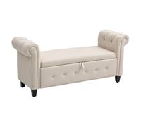 HOMCOM Banco de Almacenamiento Taburete de Almacenaje de Lino con Tapa de Bisagras Patas de Madera y Reposabrazos Enrollados para Dormitorio Salón Pasillo Carga 150 kg 146,5x49x74,5 cm Beige
