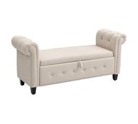 HOMCOM Banco de Almacenamiento Taburete de Almacenaje de Lino con Tapa de Bisagras Patas de Madera y Reposabrazos Enrollados para Dormitorio Salón Pasillo Carga 150 kg 146,5x49x74,5 cm Beige