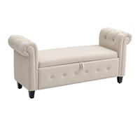 HOMCOM Banco de Almacenamiento Taburete de Almacenaje de Lino con Tapa de Bisagras Patas de Madera y Reposabrazos Enrollados para Dormitorio Salón Pasillo Carga 150 kg 146,5x49x74,5 cm Beige