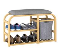 HOMCOM Banco de bambú para zapatos con cojín, banco zapatero con 2 estantes de listones y cesta de tela extraíble para pasillo, entrada, sala de estar, acabado de madera natural