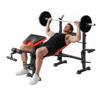 HOMCOM Banco de Musculación Multifuncional con Respaldo Ajustable Rojo | Soporte para Barras Regulable, Extensión de Piernas, Curl de Predicador, Mariposa, Carga 200 kg, Entrenamiento Casa Gimnasio