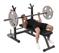 HOMCOM Banco de Musculación Multifuncional Plegable, Banco de Pesas, Press Banca con Soporte para Barras Ajustable y Estación de Dips, Carga 150 kg, para Entrenamiento Completo en Casa Gimnasio
