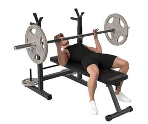 HOMCOM Banco de Musculación Multifuncional Plegable, Banco de Pesas, Press Banca con Soporte para Barras Ajustable y Estación de Dips, Carga 220 kg, para Entrenamiento Completo en Casa Gimnasio