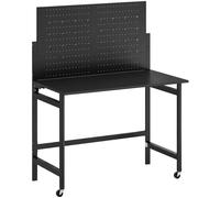 HOMCOM Banco de Trabajo con Tablero Perforado Mesa de Trabajo Plegable con Ruedas Marco de Acero Ganchos Negro