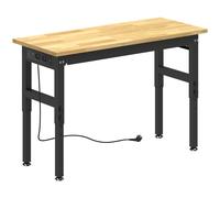 HOMCOM Banco de Trabajo en Madera y Acero Altura Regulable, 2 Tomas AC, Capacidad 900 kg, Color Madera y Negro