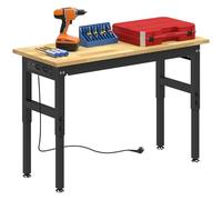 HOMCOM Banco de trabajo Garaje de madera de caucho, mesa de trabajo de 5 altura ajustable 79-99 cm, panel perforado, 2 tomas AC, puerto USB y Type-C, capacidad 900 kg, para taller y casa, 122 x 51 x