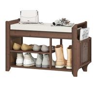 HOMCOM Banco de zapatos con asiento acolchado, banco de almacenamiento de zapatos con soporte lateral y sección para botas, estante de entrada de bambú natural de 2 niveles para pasillo, sala de estar