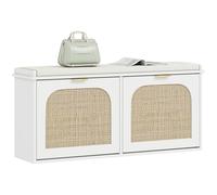 HOMCOM Banco estrecho para zapatos con asiento acolchado y 2 cajones abatibles, banco de almacenamiento de zapatos bohemio con puertas de ratán y estantes ajustables para pasillo, entrada, capacidad