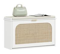 HOMCOM Banco estrecho para zapatos con asiento acolchado y cajón abatible, banco de almacenamiento de zapatos bohemio con puerta de ratán y estante ajustable para pasillo, entrada, capacidad para 8