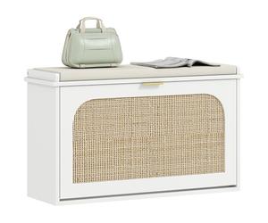 HOMCOM Banco estrecho para zapatos con asiento acolchado y cajón abatible, banco de almacenamiento de zapatos bohemio con puerta de ratán y estante ajustable para pasillo, entrada, capacidad para 8