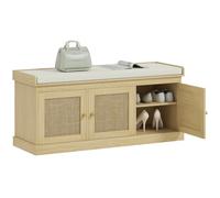 HOMCOM Banco para Zapatos con Puertas de ratán, 35x105x47 cm, Tono Roble | Asiento acolchado, estantes ajustables para 9 pares, estilo boho, dormitorio, sala de estar