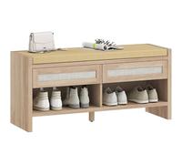 HOMCOM - Banco para zapatos de entrada, banco de almacenamiento, asiento acolchado de lino, 2 cajones de ratán y estante abierto, estilo bohemio, para entrada, pasillo, 108 x 35 x 50 cm, roble y