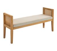 HOMCOM Banco pie de cama en tejido de lino con reposabrazos de mimbre y estructura de madera maciza 120x38x61,5 cm Crema Aosom España