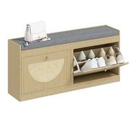 HOMCOM Banco Zapatero, Banco Recibidor Bohemio, con Asiento Acolchado, Puertas Frentes de Ratán, Estante Ajustable, para 8 Pares de Zapatos, para Entrada, 105x35x47 cm, Natural