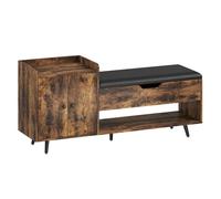 HOMCOM Banco Zapatero, Banco Recibidor Industrial, con Asiento Acolchado, Compartimento Oculto, Estantes, Puertas, Estante Abierto para 3 Pares de Zapatos, para Entrada, 127x35x59 cm, Marrón Rústico