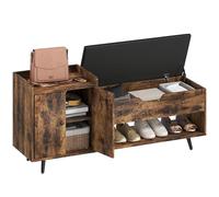 HOMCOM Banco Zapatero, Banco Recibidor Industrial, con Asiento Acolchado, Compartimento Oculto, Estantes, Puertas, Estante Abierto para 3 Pares de Zapatos, para Entrada, 127x35x59 cm, Marrón Rústico