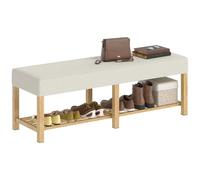 HOMCOM Banco Zapatero, Banco Recibidor Moderno, con Asiento Acolchado para 2 Personas, Estante Abierto, Marco de Madera, para Entrada, Pasillo, Salón, 140x44x48 cm, Crema y Madera Natural