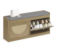 HOMCOM Banco Zapatero Bohemio con Asiento Acolchado 105x35x47 cm Natural | Banco Recibidor, Puertas Frentes de Ratán, Estante Ajustable, para 8 Pares de Zapatos, para Entrada