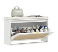 HOMCOM Banco Zapatero Boho, Banco Recibidor Estrecho con Asiento Acolchado, Puerta de Ratán, Cajón Abatible, Estante Ajustable, para 8 Pares de Zapatos, para Entrada, Dormitorio, 80x26x47,5 cm, Blanco