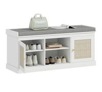 HOMCOM Banco Zapatero con Asiento Acolchado Bohemio 105x35x47 cm Blanco | Mueble Zapatero, Banco Recibidor, Puertas Frentes de Ratán, Estante Abierto, Estante Ajustable, para 9 Pares de Zapatos