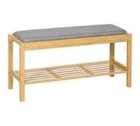 HOMCOM Banco Zapatero de Bambú con Asiento Tapizado 90x30x46 cm Natural | Zapatero, para 3 Pares de Zapatos, con Estante de Listones, para Entrada Pasillo