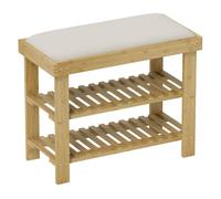 HOMCOM Banco Zapatero de Bambú Zapatero con Asiento Acolchado 2 Estantes para 6 Pares de Zapatos para Entrada Dormitorio 60x29x49 cm Natural y Crema