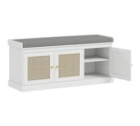 HOMCOM Banco zapatero entrada 9 pares, banco de almacenamiento, 3 puertas de ratán, cojín y estante ajustable, 105x35x47cm, blanco