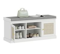 HOMCOM Banco Zapatero Mueble Zapatero Banco Recibidor Bohemio con Asiento Acolchado Puertas Frentes de Ratán Estante Abierto Estante Ajustable para 9 Pares de Zapatos para Entrada 105x35x47 cm Blanco