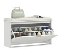 HOMCOM Banco Zapatero Mueble Zapatero Estrecho Banco Recibidor con Asiento Acolchado Cajón Abatible y Panel de Tablillas para 8 Pares de Zapatos para Entrada Dormitorio 80x26x47,5 cm Blanco