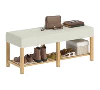 HOMCOM Banco Zapatos Entrada Acolchado 120x44x48cm Madera Natural | Banco almacenamiento, estante abierto, marco madera caucho, para pasillo, sala estar, dormitorio, 220kg capacidad