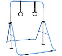 HOMCOM Barra de Gimnasia para Niños con Altura Ajustable en 5 Niveles y Anillos, Barra de Entrenamiento de Gimnasia Plegable en Casa, Azul