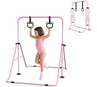 HOMCOM Barra de Gimnasia para Niños con Altura Ajustable en 5 Niveles y Anillos, Barra de Entrenamiento de Gimnasia Plegable en Casa, Rosa