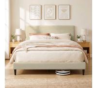 HOMCOM Base de Cama 160x200cm con Listones de Madera, Doble, Beige | Acolchado efecto lino, estructura de acero, 9 patas resistentes, sin ruido, capacidad 360kg, fácil montaje