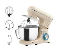 HOMCOM Batidora Amasadora 4,5L, Amasadora de Pan 1300W, Amasadora Repostería, 6 Velocidades, Bol de Acero Inoxidable, Batidor, Gancho, Varilla, Protector contra Salpicaduras, Beige