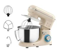 HOMCOM Batidora Amasadora 4,5L, Amasadora de Pan 1300W, Amasadora Repostería, 6 Velocidades, Bol de Acero Inoxidable, Batidor, Gancho, Varilla, Protector contra Salpicaduras, Beige