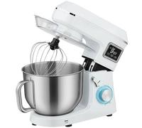HOMCOM Batidora Amasadora 6L, Amasadora de Pan 1400W, 6 Velocidades, LED, Fermentación, Bol de Acero Inoxidable, Batidor, Gancho, Varilla, Protector contra Salpicaduras, Blanco