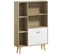 HOMCOM Biblioteca escandinava Mueble de almacenamiento dim. 80 x 23,5 x 123 cm, 5 nichos armario, 2 puertas, patas cónicas inclinadas, madera maciza, roble