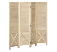 HOMCOM Biombo de 4 Paneles Separador de Ambientes Plegable 152x1,7x144,5 cm Divisor de Habitación de Madera con Pantalla de Privacidad Agujeros para Colgar para Oficina Dormitorio Salón Natural