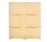 HOMCOM Biombo de 4 Piezas de Bambú Biombo Separador de Ambientes Plegable con 2 Estantes Extraíbles Divisor de Habitaciones Dormitorio 180x180 cm Natural