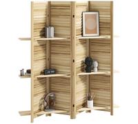 HOMCOM Biombo para interior de madera, 4 paneles, 160 x 170 cm, plegable, con 3 estantes, divisor para salón, dormitorio, casa, madera natural