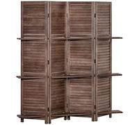 HOMCOM Biombo Plegable de 4 Paneles con 3 Estantes 162x170 cm Nogal | Biombo Separador de Ambientes de Madera, Diseño de Persianas, Decoración para Dormitorio, Salón, Nogal