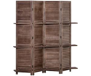 HOMCOM Biombo Plegable de 4 Paneles con 3 Estantes 162x170 cm Nogal | Biombo Separador de Ambientes de Madera, Diseño de Persianas, Decoración para Dormitorio, Salón, Nogal
